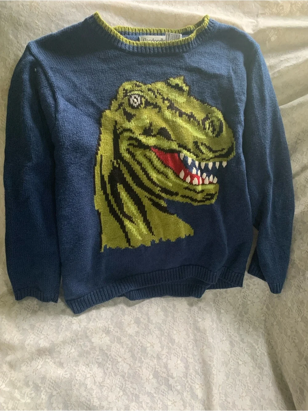 Vintage Flapdoodles Studio Kids 6 Blue Ramie Cotton T-Rex Dinosaur Knit Sweater